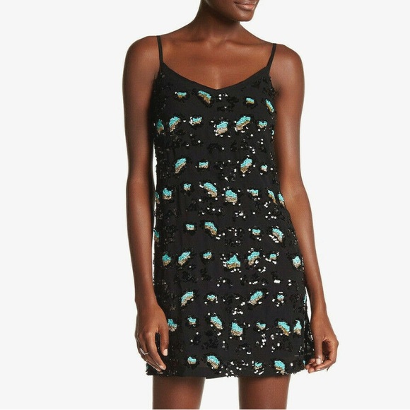 French Connection Black Mini Dress with Blue Sequins - Picture 1 of 4